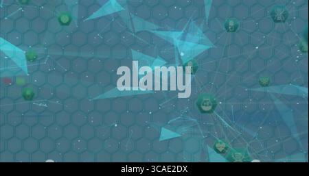 Displaying digital network on blue-green hex grid, with polygon triangles and medical icon nodes Stock Photo