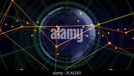 Rotating dotted globe in virtual HUD, with green rings, orange yellow lines and glowing nodes Stock Photo