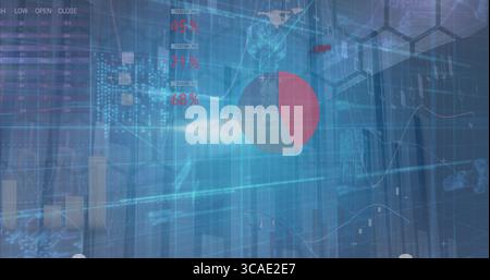 Displaying translucent pie chart centered on corporate analytics dashboard, with candlestick chart Stock Photo