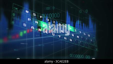 Displaying frosted letter tiles over candlestick bars and line graph in dashboard, with numbers Stock Photo