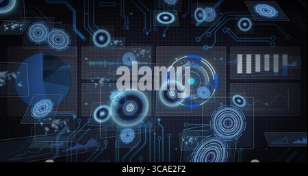 Displaying interface on grid, with translucent panels, pie chart, bar chart, line graph, circuitry Stock Photo