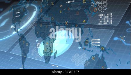 Displaying digital world map interface graphic in virtual control room, with glowing grid plane Stock Photo
