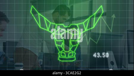 Floating neon green bull graph overlay rising over office desk, with professionals using tablet Stock Photo