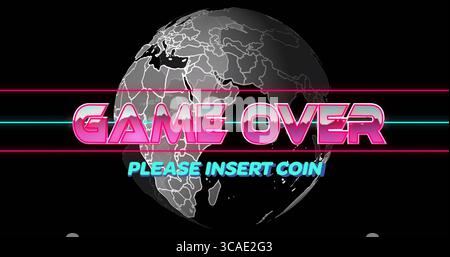 Displaying neon pink GAME OVER text with turquoise stripes over globe on black arcade screen Stock Photo