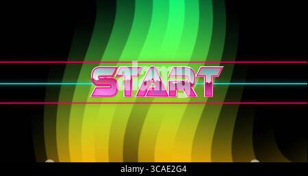 Displaying pink neon START on retro digital interface, with horizontal neon bars and wavy gradient Stock Photo