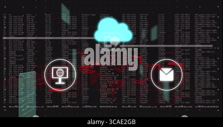 Hovering neon cyan cloud icon floating above cybersecurity dashboard, with red network blocks Stock Photo