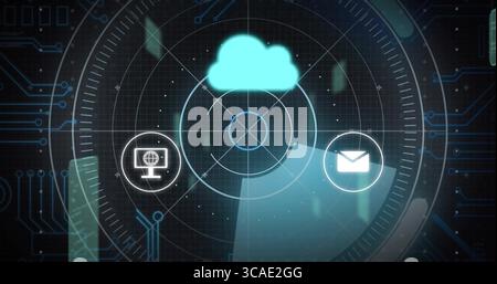Pulsing turquoise cloud icon floating over UI, with monitor and mail icon and grid nodes Stock Photo