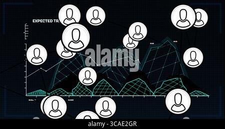 Displaying dashboard showing 3D grid plot with expected trend on screen, with user avatar network Stock Photo