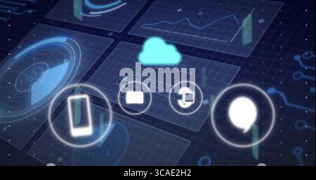 Floating cloud icon hovering above mesh panels in digital grid, showing UI icons and data charts Stock Photo