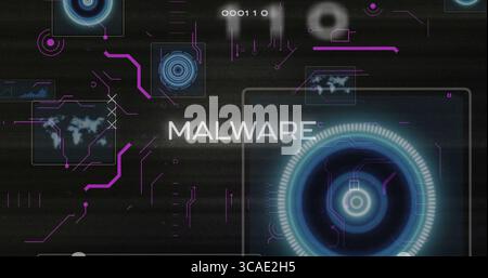 Displaying central MALWARE text hovering over dark cybersecurity dashboard, featuring circuit lines Stock Photo