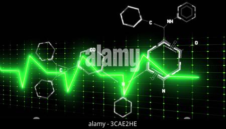 Displaying green ECG waveform floating across digital grid, with white molecules and bond labels Stock Photo