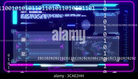 Displaying UI on console with purple-cyan accents, streaming binary code, waveform graph, world map Stock Photo