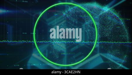 Displaying glowing neon green circular frame overlaying dark grid floor, with multicolored waveform Stock Photo