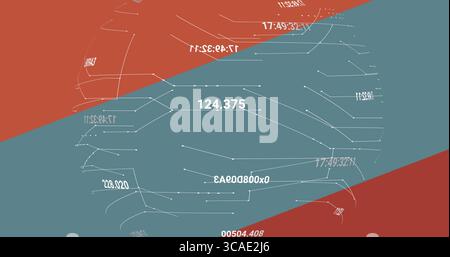 Displaying network flowing on dashboard with white nodes, lines, values, rust red and teal bands Stock Photo