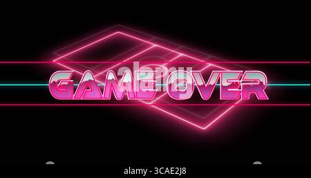 Displaying neon GAME OVER text glowing on black digital screen, with wireframe shape and neon lines Stock Photo