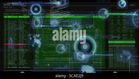 Projecting holographic display streaming green code with HUD graphics on security UI, encryption Stock Photo