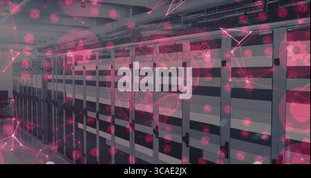 Displaying server cabinets flashing LEDs, floating network icons in data center corridor copy space Stock Photo