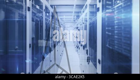Showcasing data center corridor running between glass server racks, with LED lights and cable trays Stock Photo