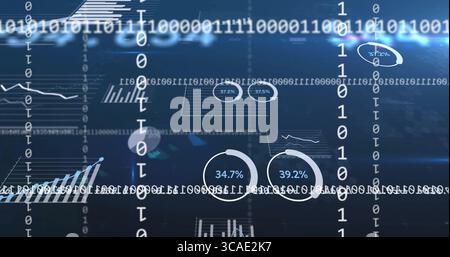 Displaying floating interface in holographic space, with binary streams, pie charts and graphs Stock Photo
