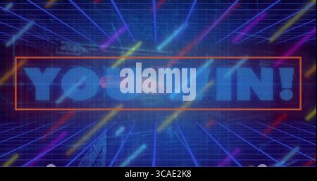 Displaying glowing dot matrix YOU WIN! within retro arena, with holographic sphere and neon border Stock Photo