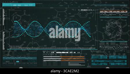 Displaying central DNA helix graphic on lab console, presenting waveform graphs in data panels Stock Photo