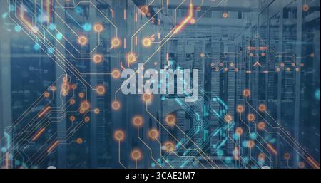 Showing server cabinets with circuit overlay in server room, with network cables, LED indicators Stock Photo