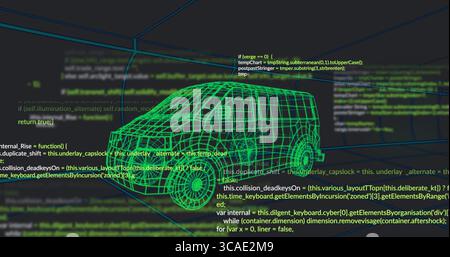 Displaying neon green wireframe 3D car model in dark-mode workspace, with floating code panels Stock Photo