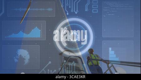 Inspecting technician wearing helmet and hi-vis vest using AR at wind energy platform, copy space Stock Photo