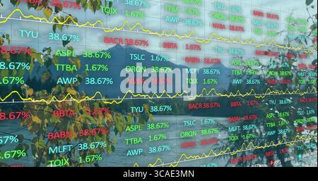 Displaying glass overlay showing data at waterfront, with tickers, line graphs and leafy branch Stock Photo