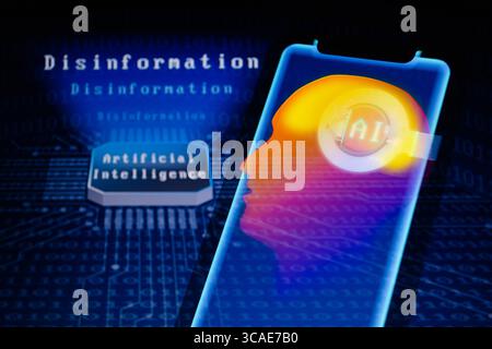 April 3, 2023, Asuncion, Paraguay: Visual representation of human brain and the term ''AI'' displayed on a smartphone backdropped by the words ''disinformation'', ''artificial intelligence'', chip and binary code digits. (Credit Image: © Andre M. Chang/ZUMA Press Wire) Stock Photo
