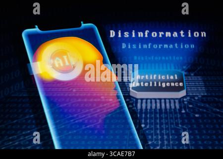 April 3, 2023, Asuncion, Paraguay: Visual representation of human brain and the term ''AI'' displayed on a smartphone backdropped by the words ''disinformation'', ''artificial intelligence'', chip and binary code digits. (Credit Image: © Andre M. Chang/ZUMA Press Wire) Stock Photo