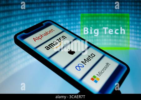 February 20, 2023, Asuncion, Paraguay: A view of the Alphabet, Amazon.com, Apple, Meta Platforms and Microsoft logos displayed on a smartphone backdropped by the term ''Big Tech'' and binary code digits. (Credit Image: © Andre M. Chang/ZUMA Press Wire) Stock Photo