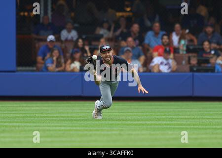 Cleveland Guardians rightfielder C.J. Kayfus (63) stretches out to make the catch during the seventh inning of a baseball game against the New York Mets at Citi Field in Corona, N.Y., Wednesday, Aug. 6, 2025. (Photo: Gordon Donovan) Stock Photo