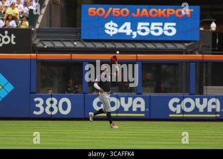 Cleveland Guardians outfielder Angel Martínez (1) makes catch during the second inning of a baseball game against the New York Mets at Citi Field in Corona, N.Y., Wednesday, Aug. 6, 2025. (Photo: Gordon Donovan) Stock Photo