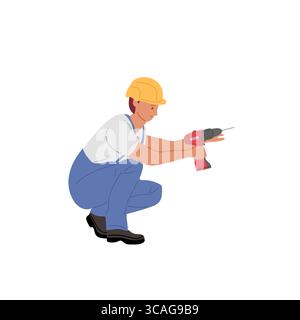 Construction worker using a power drill on a building site during the day Stock Vector