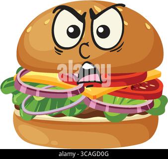 Vector illustration of a cheeseburger with lettuce, tomato, onion, and cheese, featuring an expressive angry face in a bold cartoon style Stock Vector