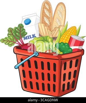Vector illustration of a red shopping basket containing bread, milk, vegetables, corn, canned food, and leafy greens in a bright, clean style Stock Vector