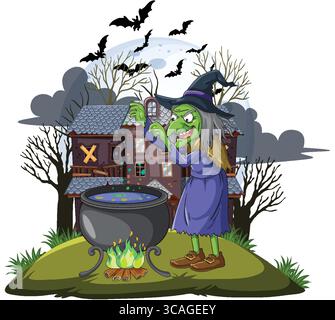 Cartoon-style green witch mixes bubbling cauldron on grassy hill, with spooky haunted house, bats, and dark clouds in the background Stock Vector