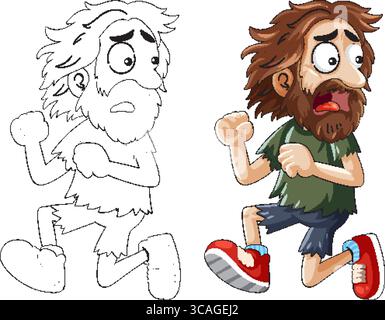 A colorful vector illustration of a cartoon caveman running in panic, featuring bold outlines and vibrant colors Stock Vector