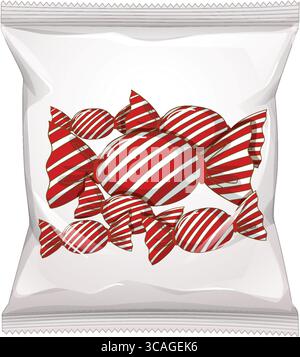Vector illustration of assorted red and white striped candies inside a transparent plastic bag, rendered in a clean, realistic style with soft highlig Stock Vector