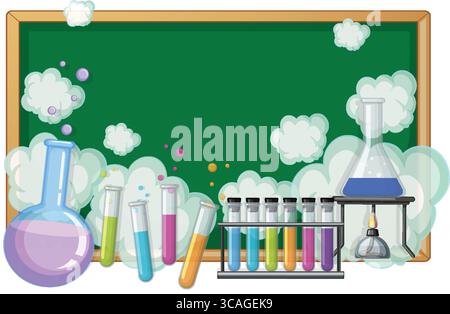 Vector illustration of laboratory glassware with colorful liquids, test tubes, and a chalkboard backdrop in a playful, cartoon style Stock Vector