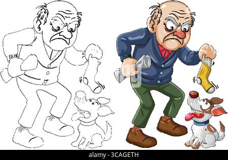 Cartoon vector illustration of an angry elderly man holding a flashlight and sock, scolding a mischievous dog in a playful, colorful style Stock Vector