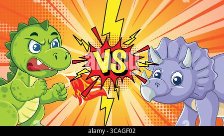 Two cartoon dinosaurs face off in a vibrant comic-style illustration with dynamic colors and bold lines Stock Vector