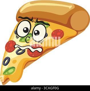 Vector illustration of a pizza slice with animated facial features, wide eyes, and a worried expression. Bright colors and clean outlines enhance the Stock Vector