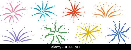 Colorful hand drawn firework set. Crayon doodled firecracker element collection. Pastel pencil sketch of sparkle burst, explosion, star lights. Vector cute drawn sticker for birthday party, decoration Stock Vector