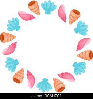 frame with seashells in vibrant shades of pink, blue, and orange, perfect for beach, summer, or nautical themed designs. Stock Vector