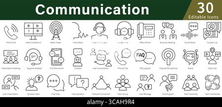 Communication Editable Line Icons Set for Message, Contact, Social, and Digital Interaction Stock Vector