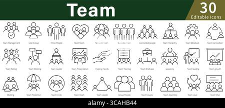 Team Editable Line Icons Set for Collaboration, Group, Teamwork, and Business Partnership Stock Vector