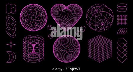Wireframe geometric shapes in cyber aesthetics with retro grid patterns - heart, sphere, cylinders and cubes for digital interfaces. Wire forms with stars and rings elements for futuristic tech design Stock Vector