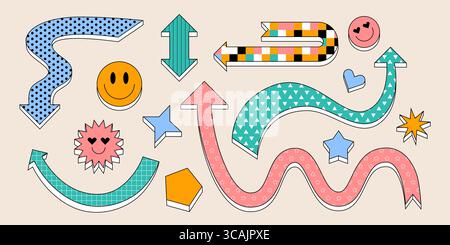 Decorative arrows with playful patterns in retro design - curved, wavy and straight pointers decorated with dots, triangles, stripes and stars. Smiling faces, hearts and geometric shapes for stickers Stock Vector